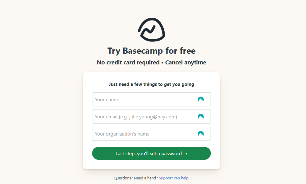 Screenshot of Basecamp signup page