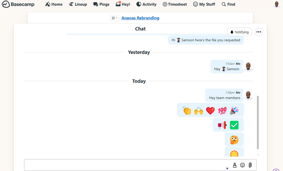 Screenshot showing the Basecamp chat