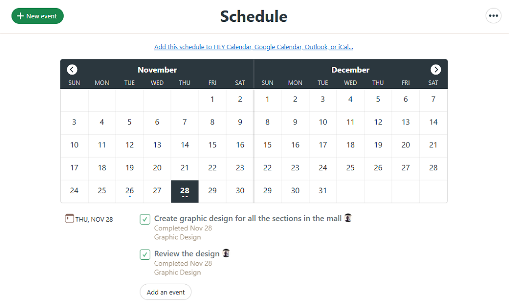 Screenshot showing Basecamp schedule