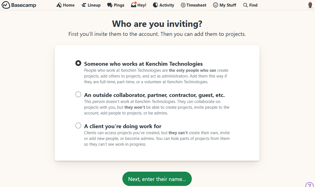 Screenshot of Basecamp's user invitation page