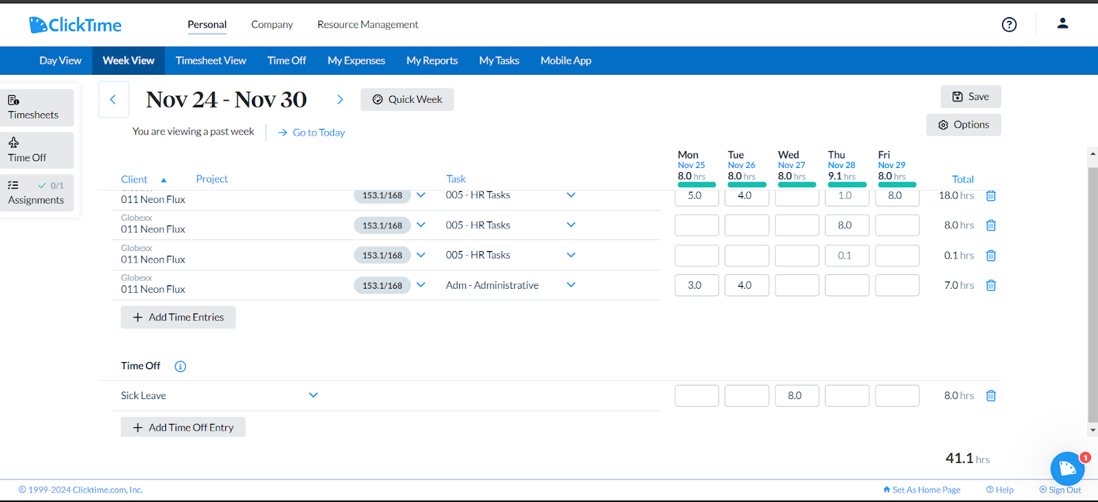 Screenshot of ClickTime’s time tracking application in Week View mode