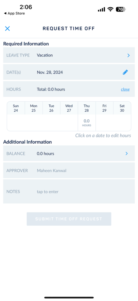 ClickTime mobile app's "Request Time Off" screen displays the leave type, date, hours, balance, approver, and notes.