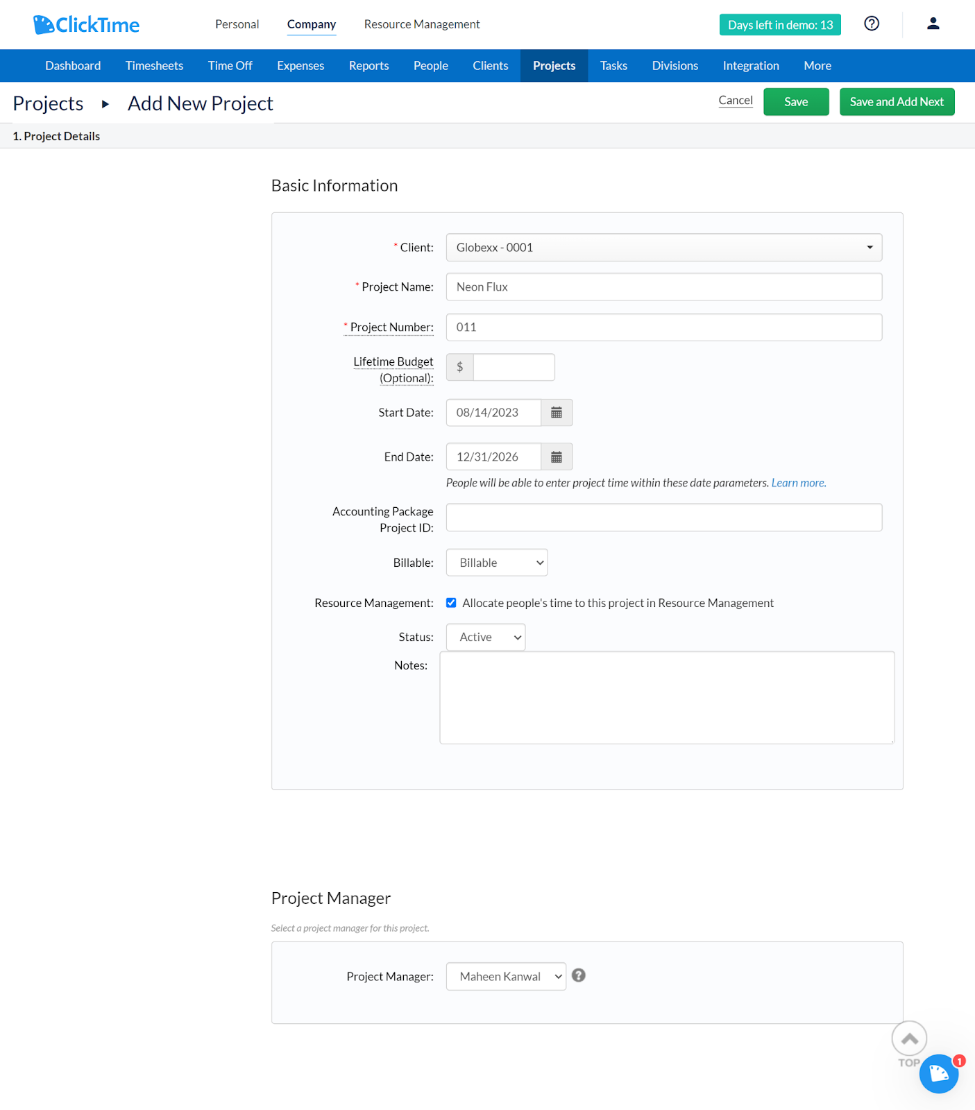 Screenshot of ClickTime's "Add New Project" page with fields for project details, including client, project name, budget, dates, status, and project manager.