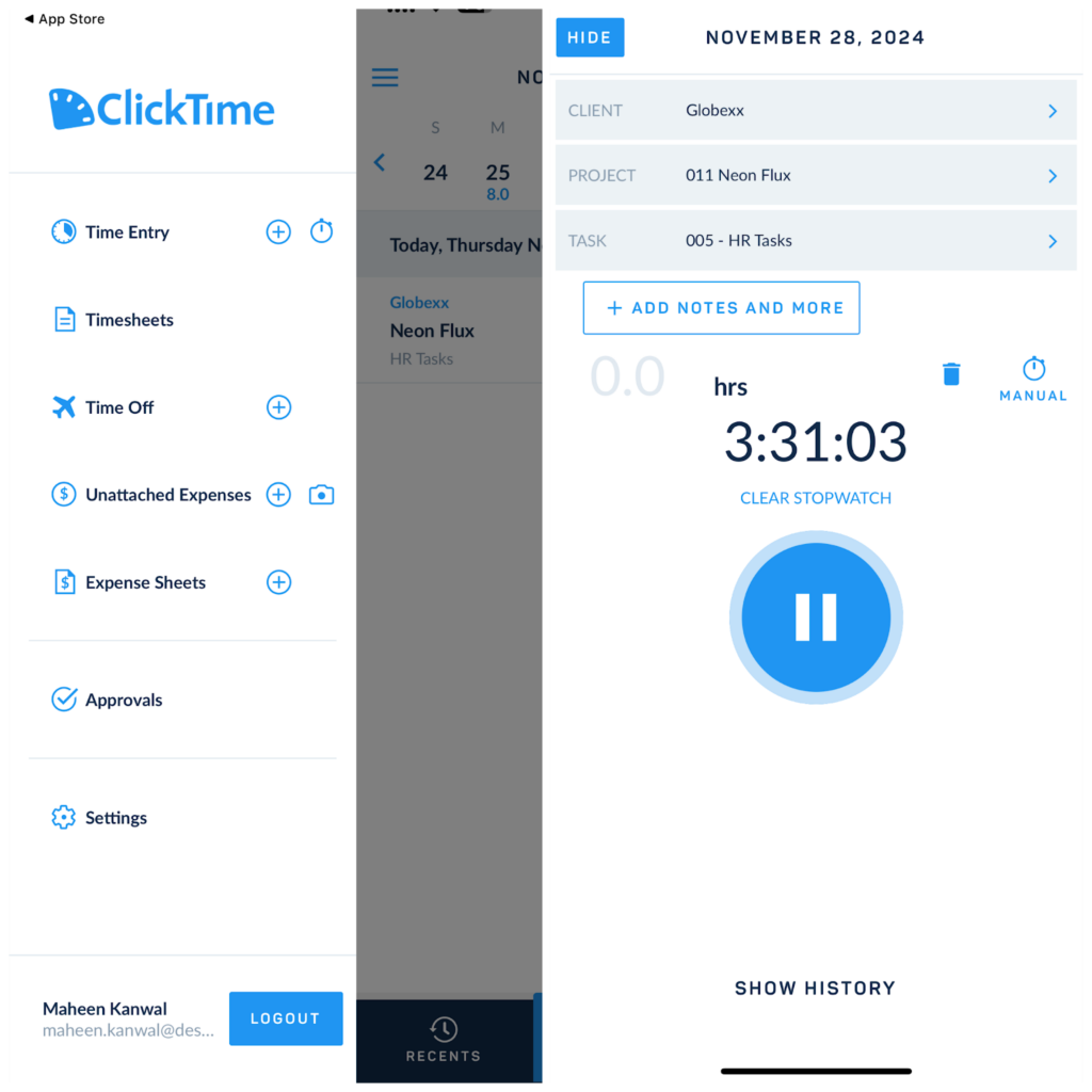 Screenshot of ClickTime time tracking interface showing a time entry with a running stopwatch, project details, and a main menu.