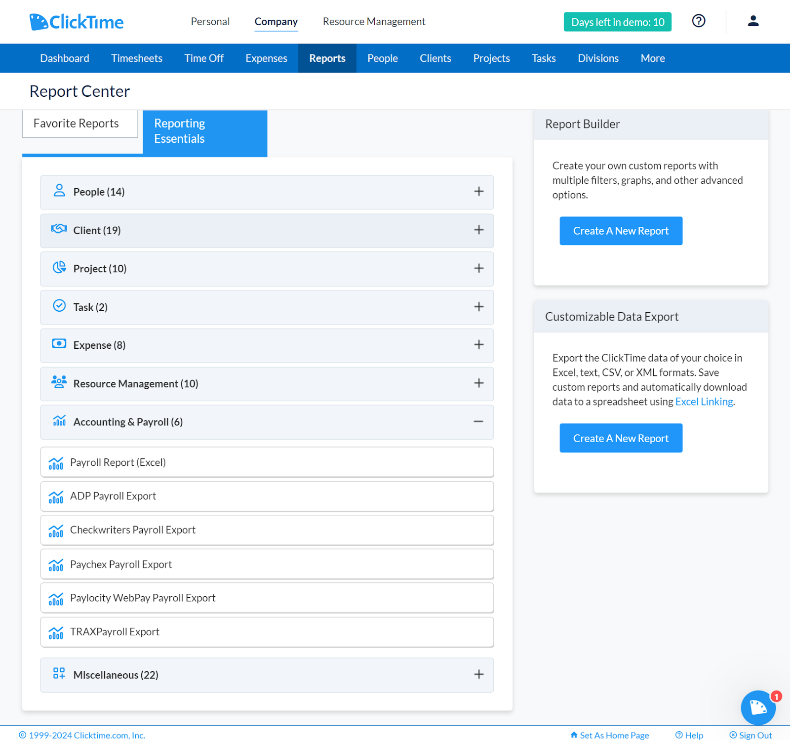 The ClickTime "Report Center" allows users to manage various types of reports and features a report builder for creating custom reports.