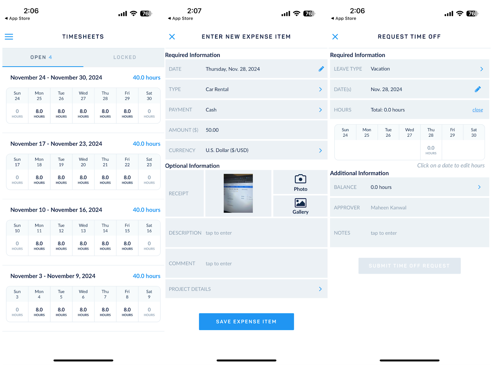 Screenshot of ClickTime mobile app showing timesheets, new expense entry, and time off requests.