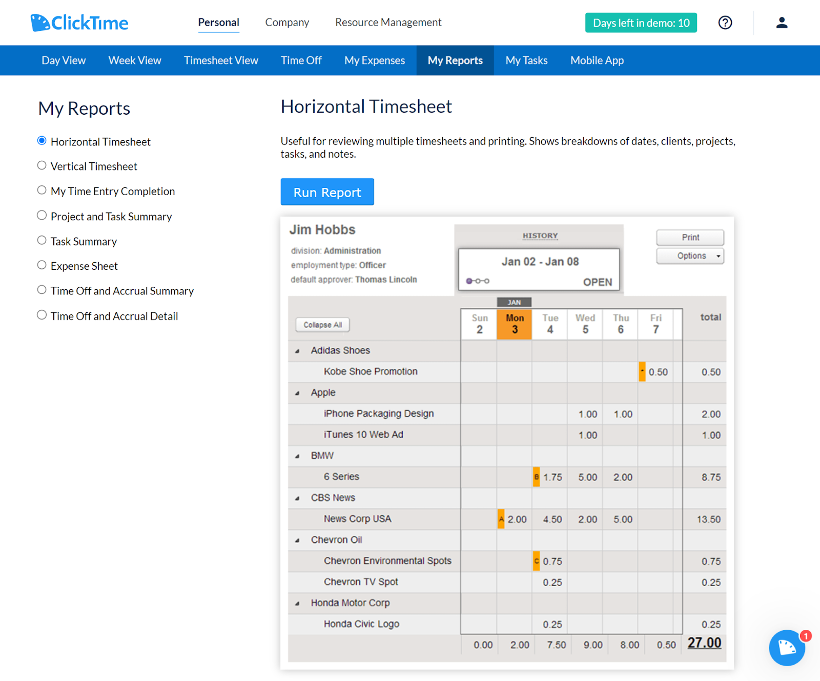 Screenshot of a timesheet report titled "Horizontal Timesheet."