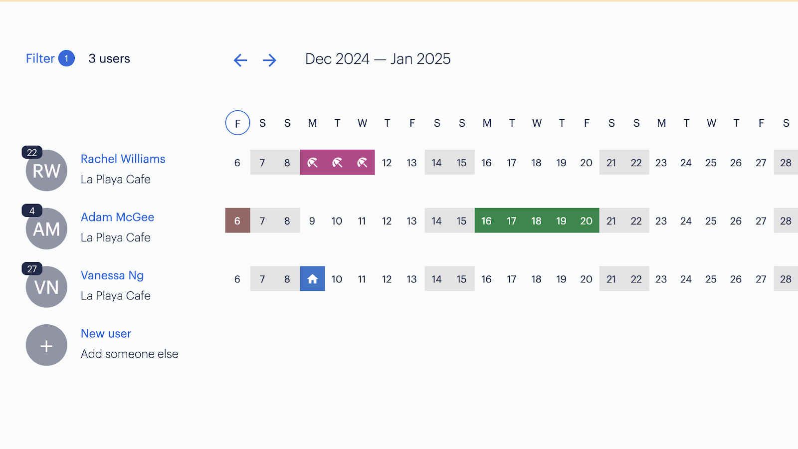 Timetastic's wallchart shows you every user's leave and leave type for the next 30 days in one color-coded calendar format.