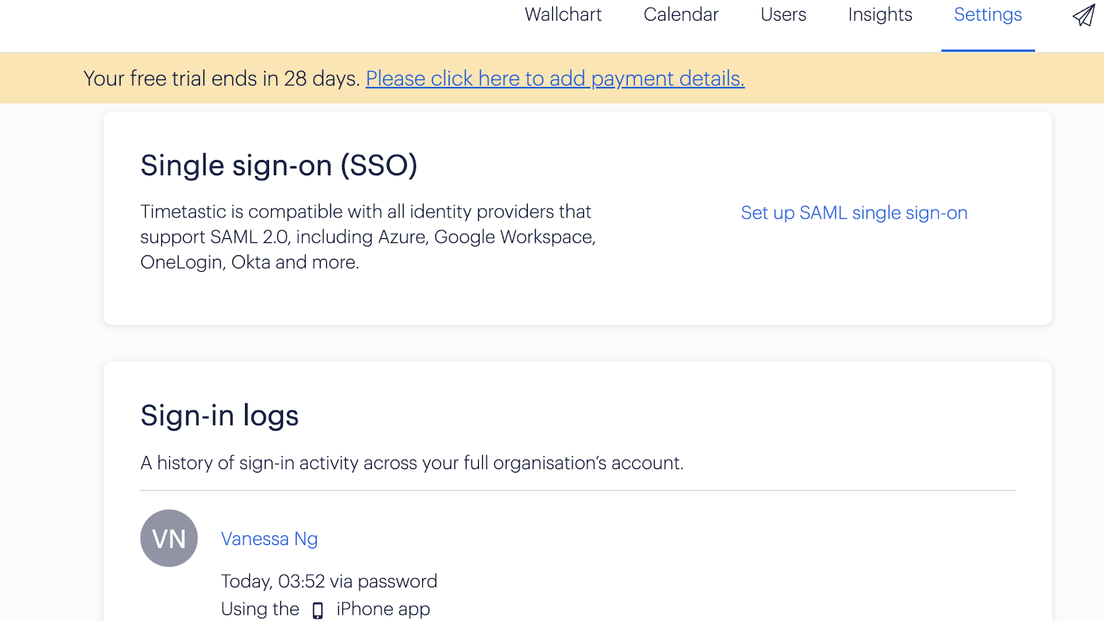 Timetastic offers several security features under its security settings, such as single sign-on and sign-in logs.
