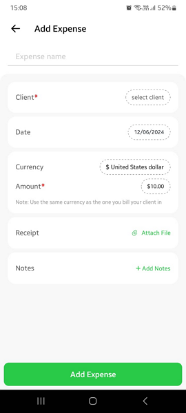 Screenshot of add-expense page on mobile