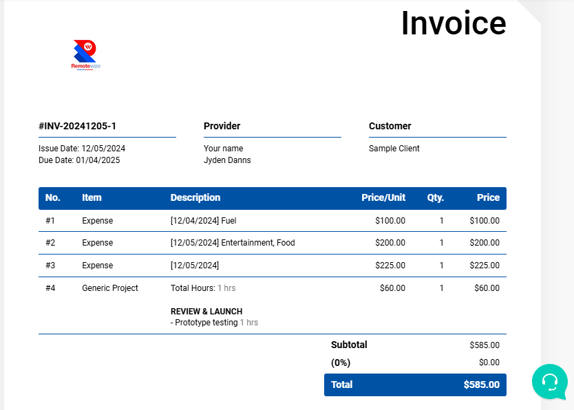 Screenshot of Paymo invoice. 