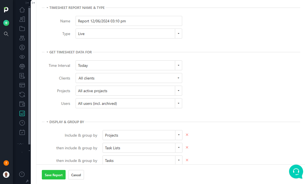 Screenshot showing Paymo reporting page