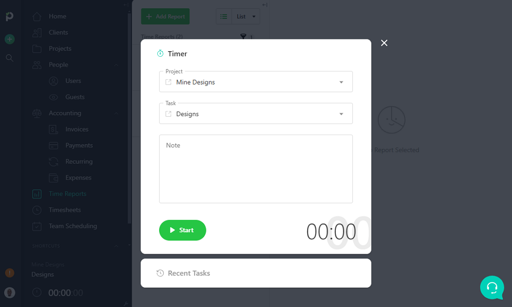 Screenshot showing Paymo timer widget