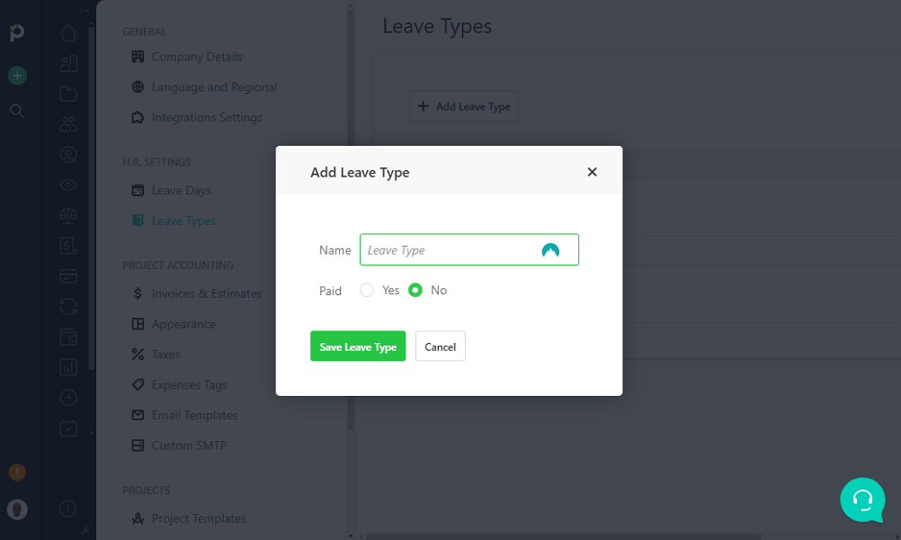 Screenshot showing option to add leave type