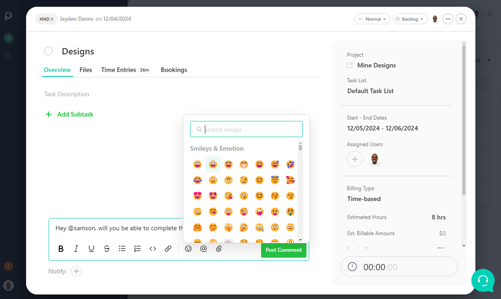 Screenshot showing the Paymo in-task chat