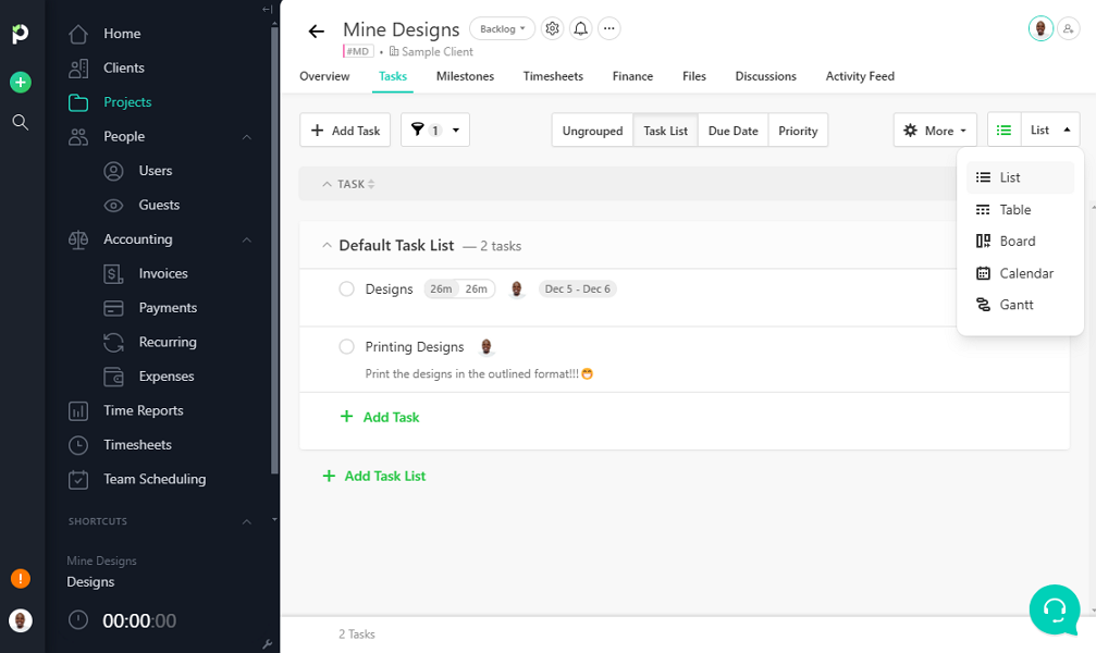 Screenshot showing Paymo’s project views.