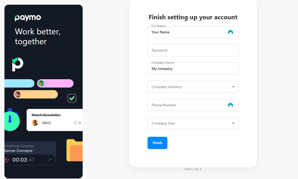 Screenshot showing Paymo’s final setup step.