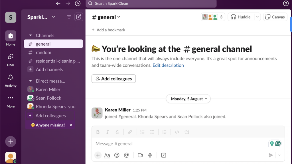 an image of Slack's general channel 