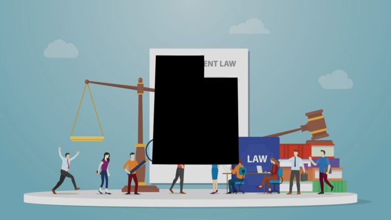 An image of the state outline of Utah against an illustration of labor law concepts