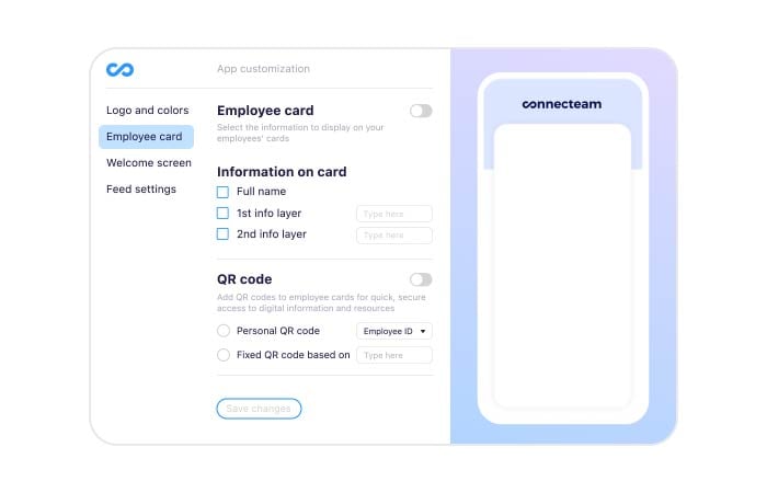 Employee Card's settings, shows which information added in the card