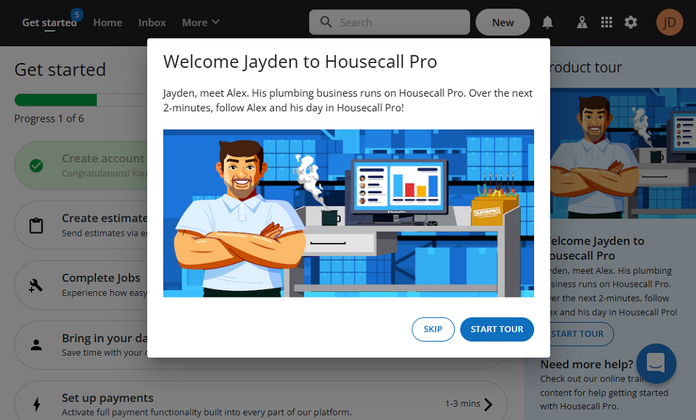 Screenshot showing Housecall Pro guided tour