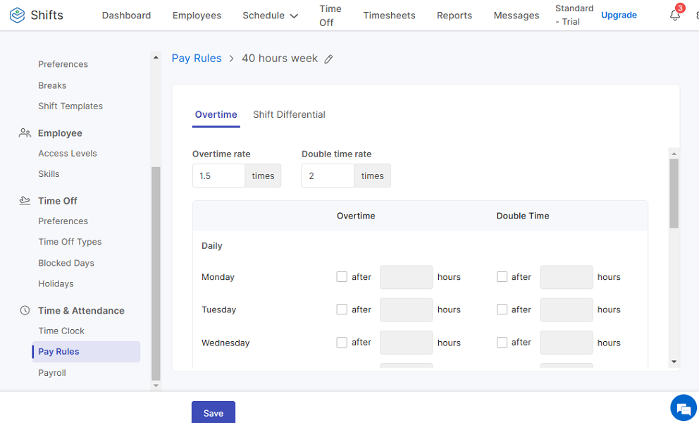 Screenshot of the overtime settings page.