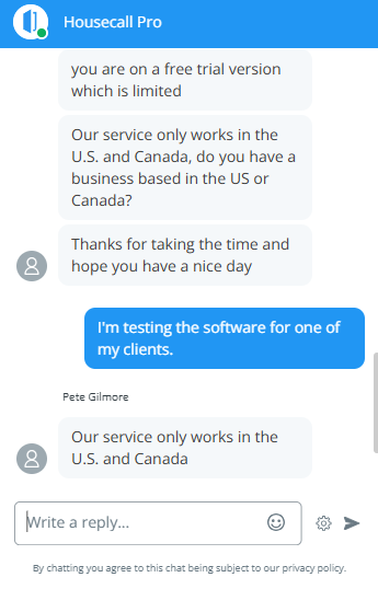 Screenshot of Housecall Pro live chat