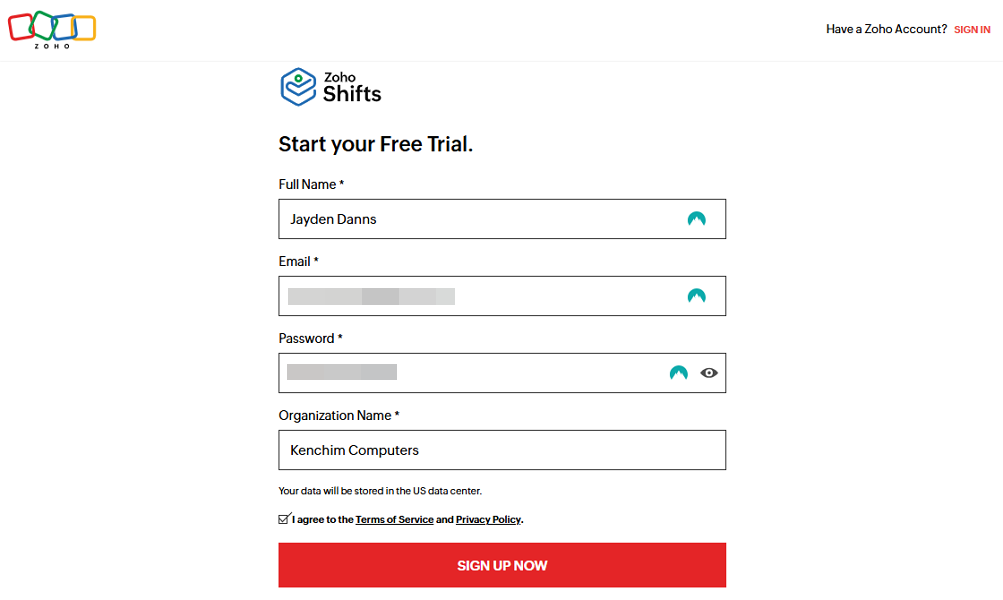Screenshot showing Zoho Shifts signup page