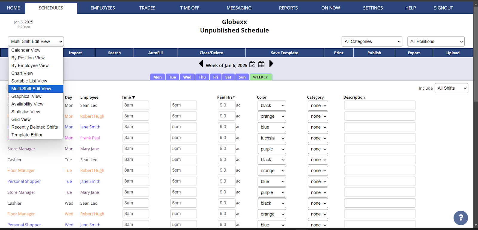 Screenshot of WhenToWork's Multi-Shift Edit view with a dropdown menu showcasing different schedule views, including Calendar, By Position, and Grid.