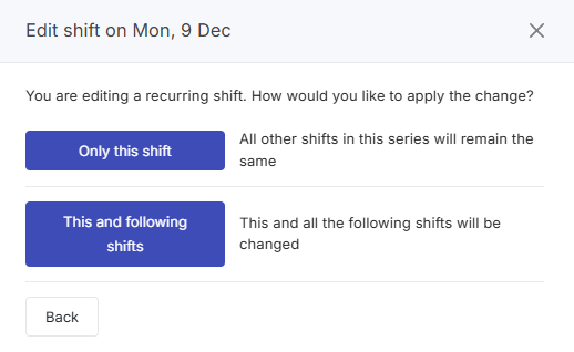 Screenshot showing recurring shift options