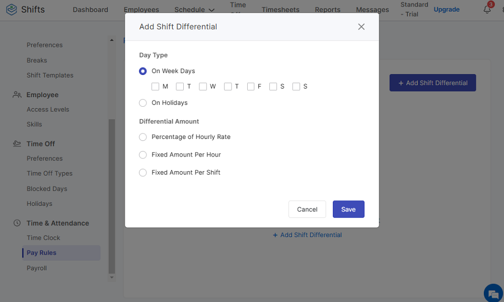 Screenshot showing the shift differential options