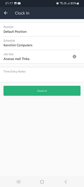 Screenshot of clock-in button on mobile