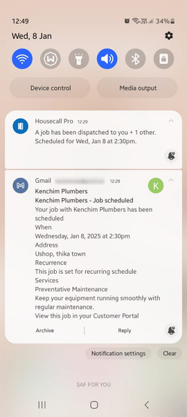 Screenshot showing customer and employee notification