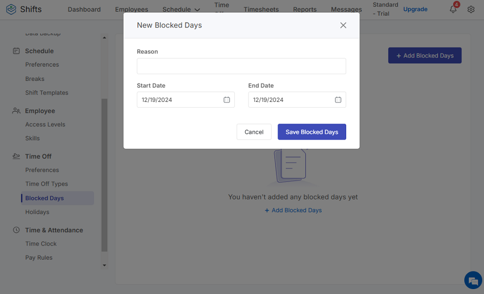 Screenshot showing option to block specific days