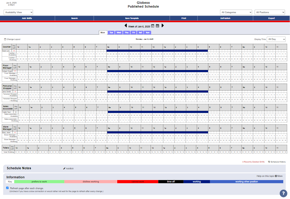 The availability view in WhenToWork uses color-coded bars—green for preferred times, pink for disliked times, red for unavailable times, and blue for active shifts.