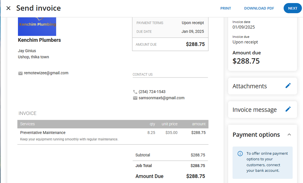 Screenshot showing Housecall Pro invoice