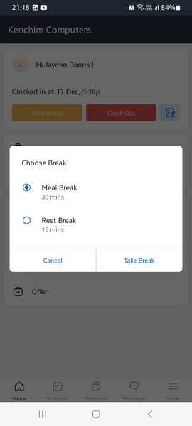 Screenshot of break tracker on mobile