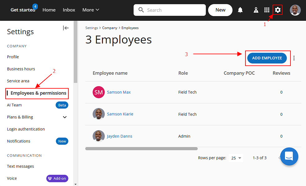 Screenshot showing the three steps to adding employees.