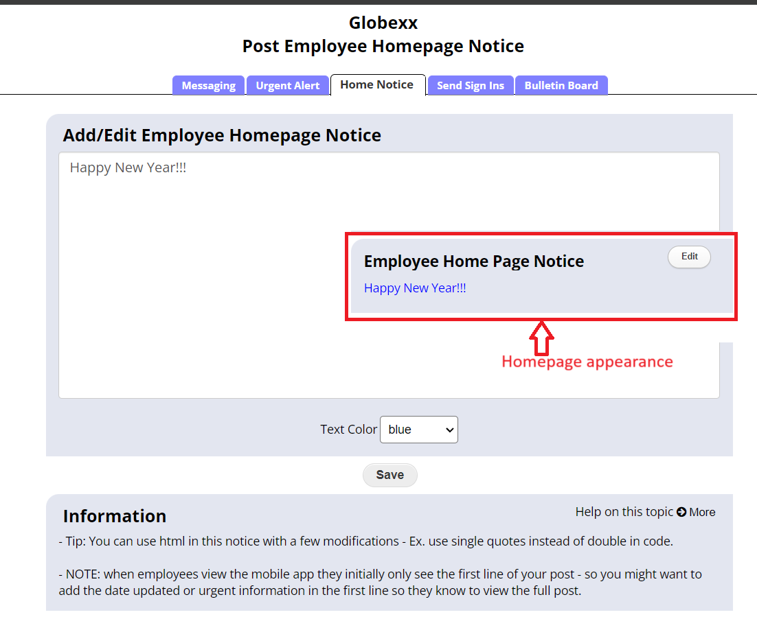 Screenshot of WhenToWork's Employee Homepage Notice feature, showing a notice editor and its preview appearance on the employee homepage.