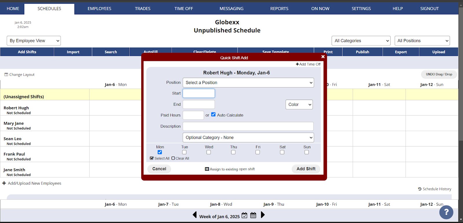 Screenshot of the WhenToWork scheduling interface with the Quick Shift Add window open.