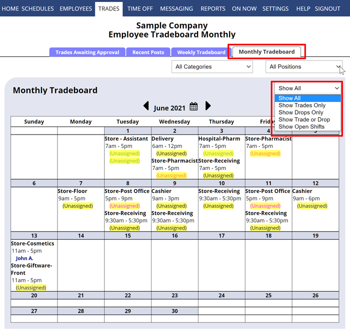 The Monthly Tradeboard in WhenToWork lets employees and managers view shift trades, drops, and open shifts in a calendar format, with filter options to display specific shift types.