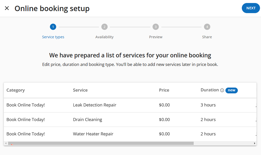 Screenshot showing online booking setup page