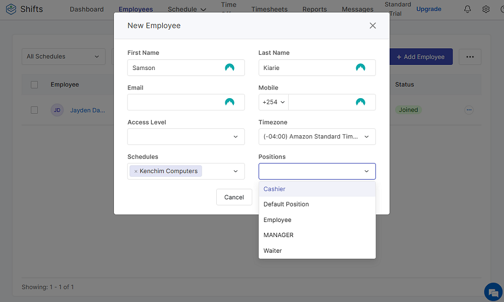 Screenshot showing new employee widget