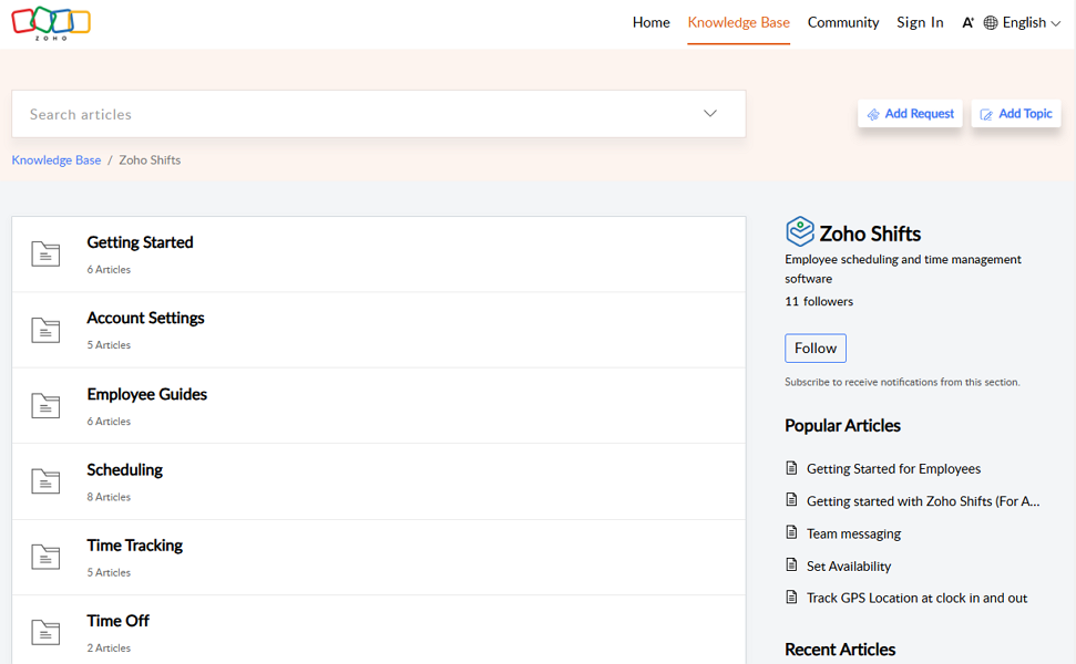 Screenshot showing Zoho Shifts knowledge base