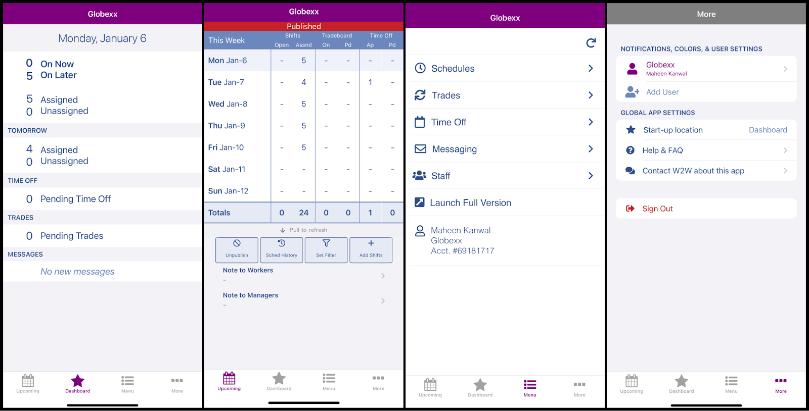 Screenshot collage of WhenToWork mobile app showing dashboard, schedule, menu, and settings tabs at the bottom navigation bar.