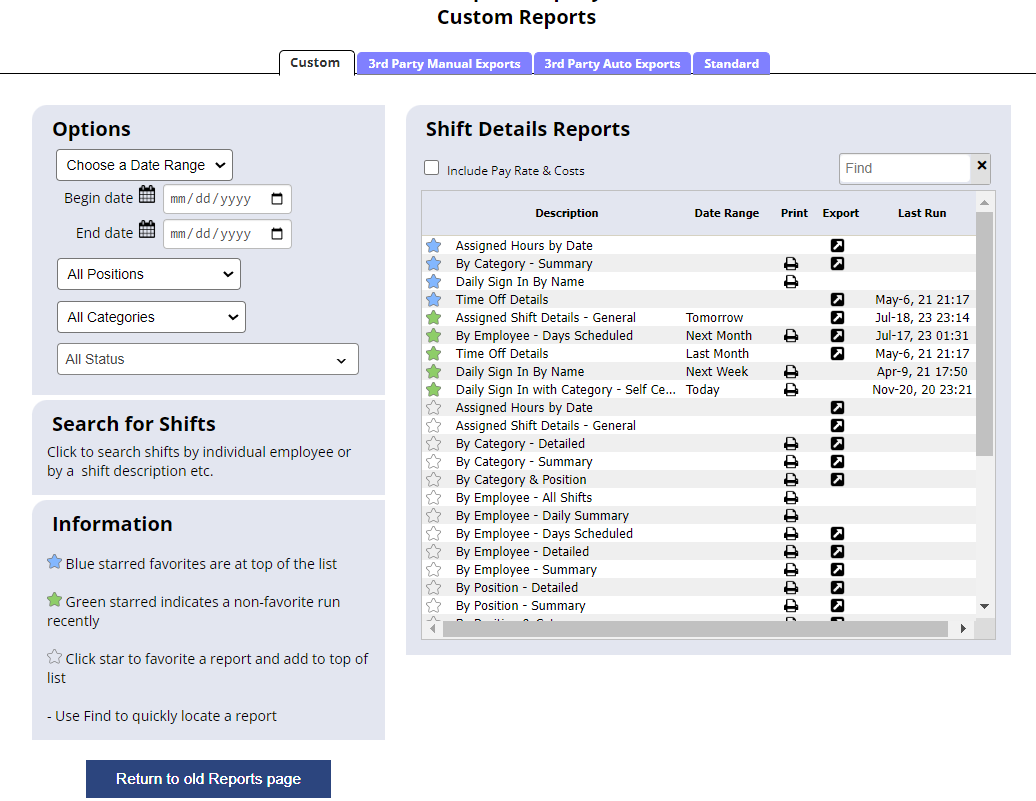 The Custom Reports feature in WhenToWork provides detailed shift analytics, including assigned hours, time off details, and employee-specific data.