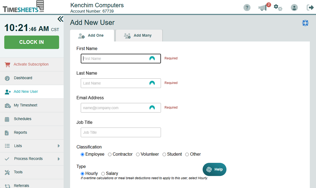 Screenshot of new user form