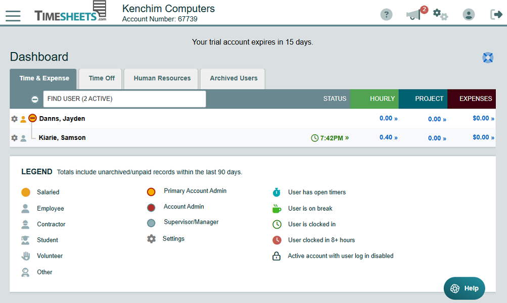 Screenshot of Timesheets.com dashboard