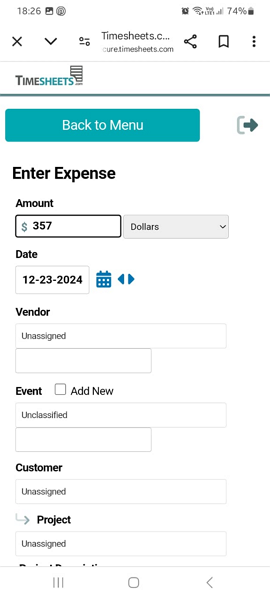 Screenshot of expense entry form