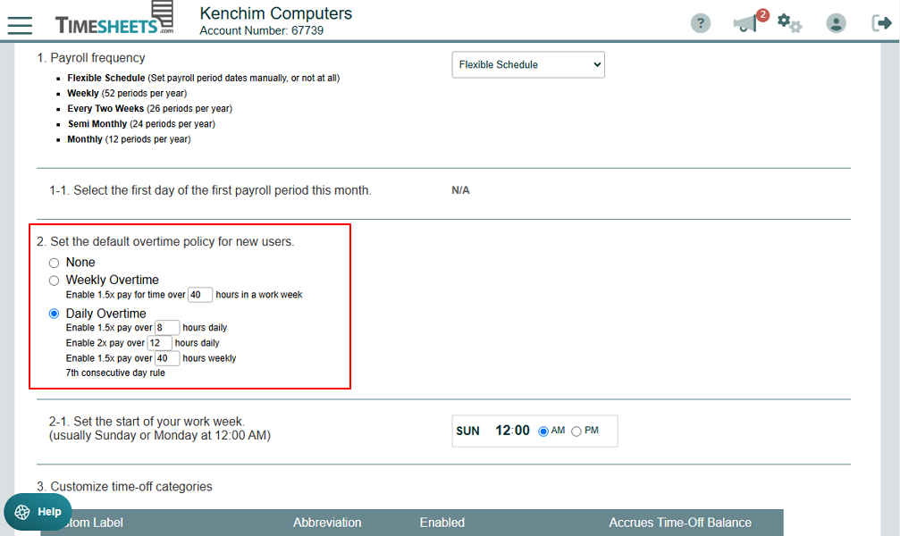 Screenshot showing the overtime options. 